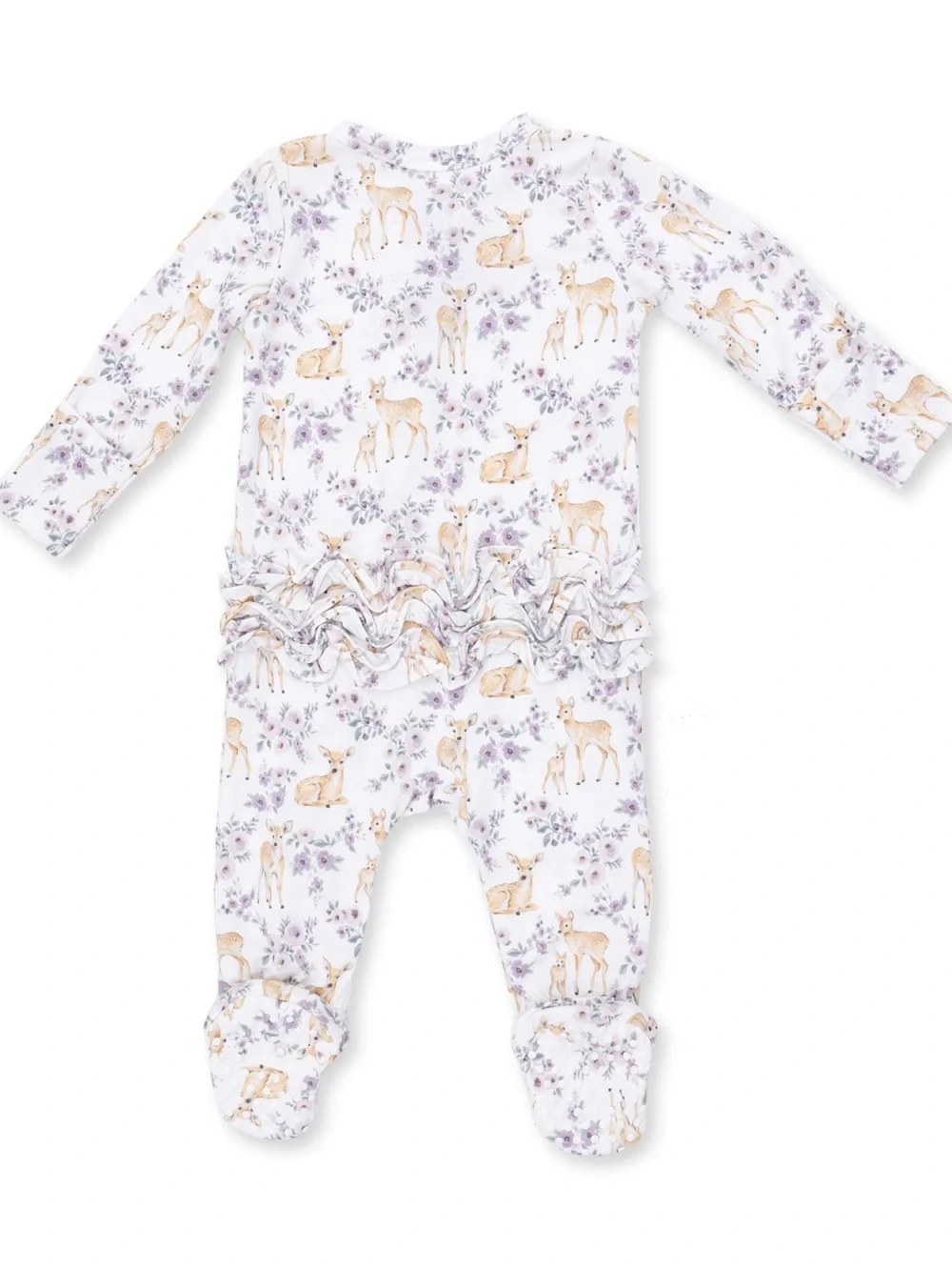 Angel Dear Lavender Floral & Tan Deer Ruffle Back Footie 0-3 3-6 6-9 months